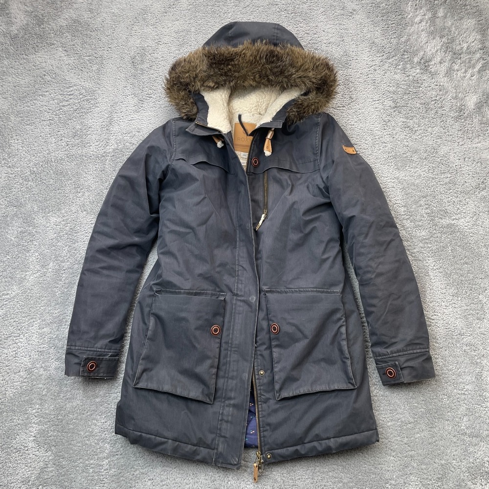 Roxy Jacket Womens Small Blue Gray Parka Coat Sherpa Hooded Insulated Snowboard